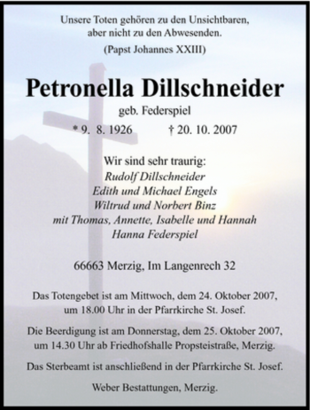 Todesanzeige von Petronella Dillschneider von SAARBRÜCKER ZEITUNG