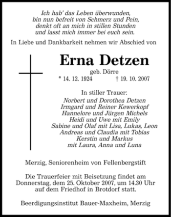 Todesanzeige von Erna Detzen von SAARBRÜCKER ZEITUNG