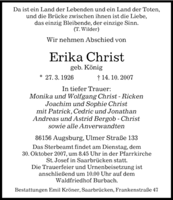 Todesanzeige von Erika Christ von SAARBRÜCKER ZEITUNG