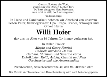 Todesanzeige von Willi Hofer von SAARBRÜCKER ZEITUNG