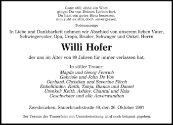 Todesanzeige von Willi Hofer von SAARBRÜCKER ZEITUNG
