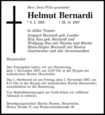 Todesanzeige von Helmut Bernardi von SAARBRÜCKER ZEITUNG