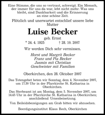 Todesanzeige von Luise Becker von SAARBRÜCKER ZEITUNG
