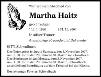 Todesanzeige von Martha Haitz von SAARBRÜCKER ZEITUNG