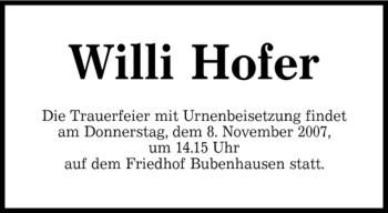 Todesanzeige von Willi Hofer von SAARBRÜCKER ZEITUNG