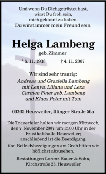 Todesanzeige von Helga Lambeng von SAARBRÜCKER ZEITUNG