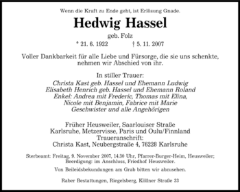 Todesanzeige von Hedwig Hassel von SAARBRÜCKER ZEITUNG
