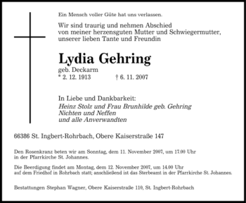 Todesanzeige von Lydia Gehring von SAARBRÜCKER ZEITUNG