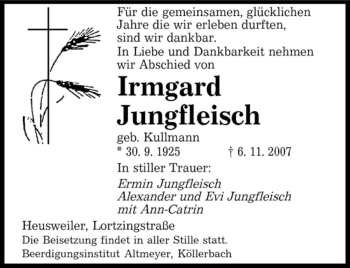 Todesanzeige von Irmgard Jungfleisch von SAARBRÜCKER ZEITUNG