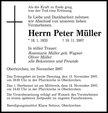 Todesanzeige von Peter Müller von SAARBRÜCKER ZEITUNG