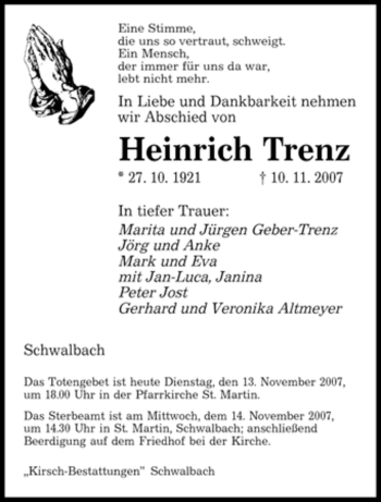 Todesanzeige von Heinrich Trenz von SAARBRÜCKER ZEITUNG