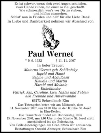 Todesanzeige von Paul Wernet von SAARBRÜCKER ZEITUNG