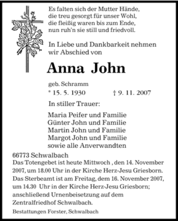Todesanzeige von Anna John von SAARBRÜCKER ZEITUNG