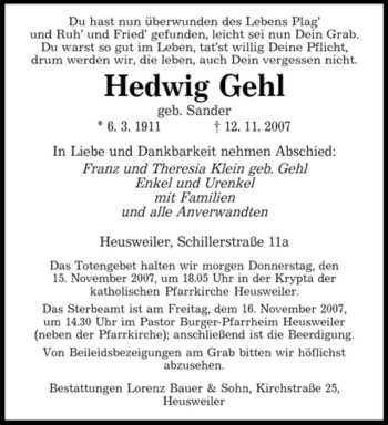 Todesanzeige von Hedwig Gehl von SAARBRÜCKER ZEITUNG