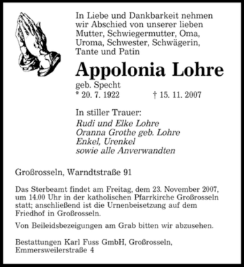 Todesanzeige von Appolonia Lohre von SAARBRÜCKER ZEITUNG