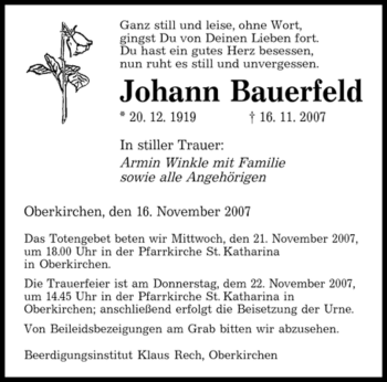 Todesanzeige von Johann Bauerfeld von SAARBRÜCKER ZEITUNG