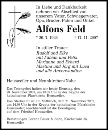 Todesanzeige von Alfons Feld von SAARBRÜCKER ZEITUNG