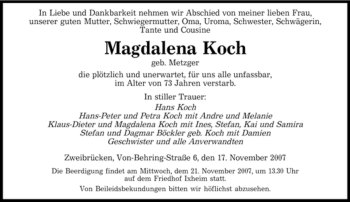 Todesanzeige von Magdalena Koch von SAARBRÜCKER ZEITUNG