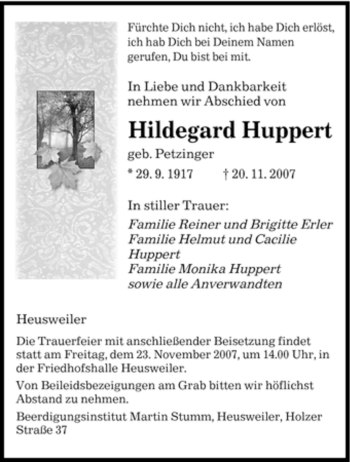 Todesanzeige von Hildegard Huppert von SAARBRÜCKER ZEITUNG
