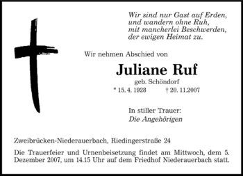 Todesanzeige von Juliane Ruf von SAARBRÜCKER ZEITUNG