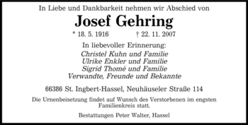 Todesanzeige von Josef Gehring von SAARBRÜCKER ZEITUNG