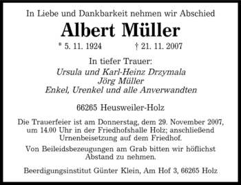 Todesanzeige von Albert Müller von SAARBRÜCKER ZEITUNG