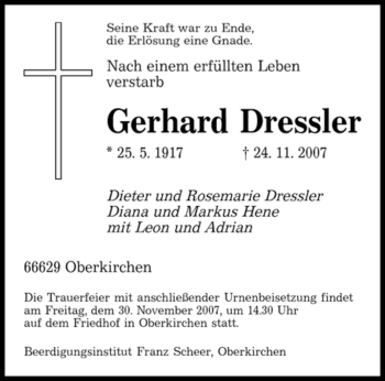 Todesanzeige von Gerhard Dressler von SAARBRÜCKER ZEITUNG
