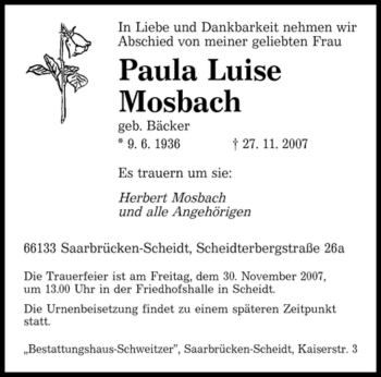 Todesanzeige von Paula Luise Mosbach von SAARBRÜCKER ZEITUNG