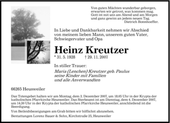 Todesanzeige von Heinz Kreutzer von SAARBRÜCKER ZEITUNG