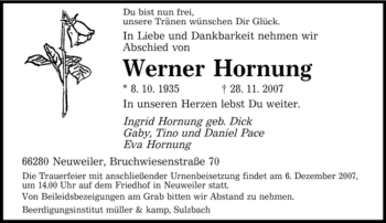 Todesanzeige von Werner Hornung von SAARBRÜCKER ZEITUNG