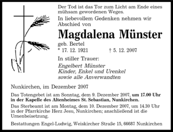 Todesanzeige von Magdalena Münster von SAARBRÜCKER ZEITUNG