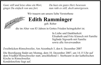 Todesanzeige von Edith Ramminger von SAARBRÜCKER ZEITUNG