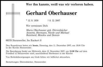 Todesanzeige von Gerhard Oberhauser von SAARBRÜCKER ZEITUNG