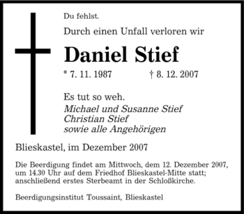 Todesanzeige von Daniel Stief von SAARBRÜCKER ZEITUNG