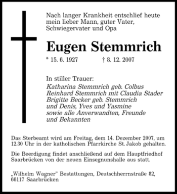 Todesanzeige von Eugen Stemmrich von SAARBRÜCKER ZEITUNG