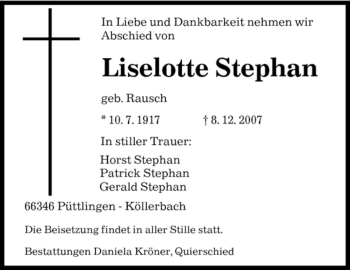 Todesanzeige von Liselotte Stephan von SAARBRÜCKER ZEITUNG
