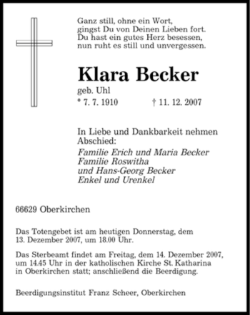 Todesanzeige von Klara Becker von SAARBRÜCKER ZEITUNG