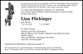 Todesanzeige von Lina Flickinger von SAARBRÜCKER ZEITUNG