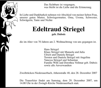Todesanzeige von Edeltraud Striegel von SAARBRÜCKER ZEITUNG