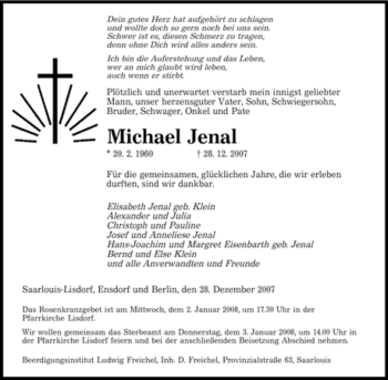 Todesanzeige von Michael Jenal von SAARBRÜCKER ZEITUNG