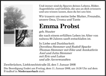 Todesanzeige von Emma Probst von SAARBRÜCKER ZEITUNG