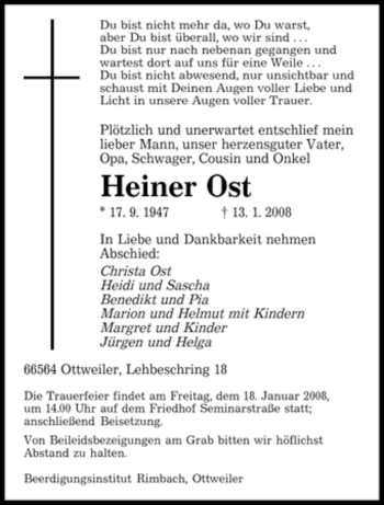 Todesanzeige von Heiner Ost von SAARBRÜCKER ZEITUNG