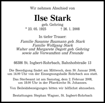 Todesanzeige von Ilse Stark von SAARBRÜCKER ZEITUNG