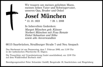 Todesanzeige von Josef München von SAARBRÜCKER ZEITUNG
