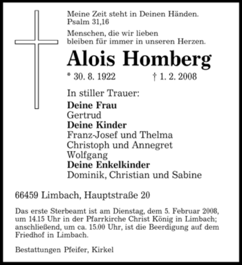 Todesanzeige von Alois Homberg von SAARBRÜCKER ZEITUNG