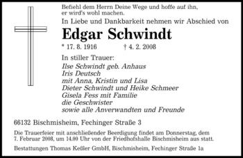Todesanzeige von Edgar Schwindt von SAARBRÜCKER ZEITUNG