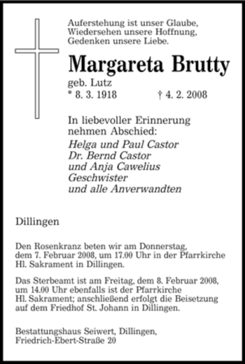 Todesanzeige von Margareta Brutty von SAARBRÜCKER ZEITUNG