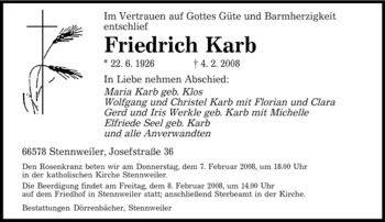 Todesanzeige von Friedrich Karb von SAARBRÜCKER ZEITUNG