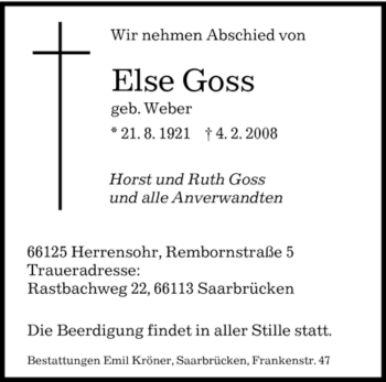 Todesanzeige von Else Goss von SAARBRÜCKER ZEITUNG