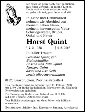 Todesanzeige von Horst Quint von SAARBRÜCKER ZEITUNG